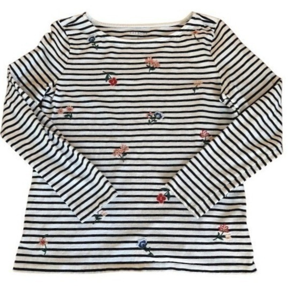 Talbots‎ Womens Striped Embroidered Floral Long Sleeve Boat Neck Top Shirt